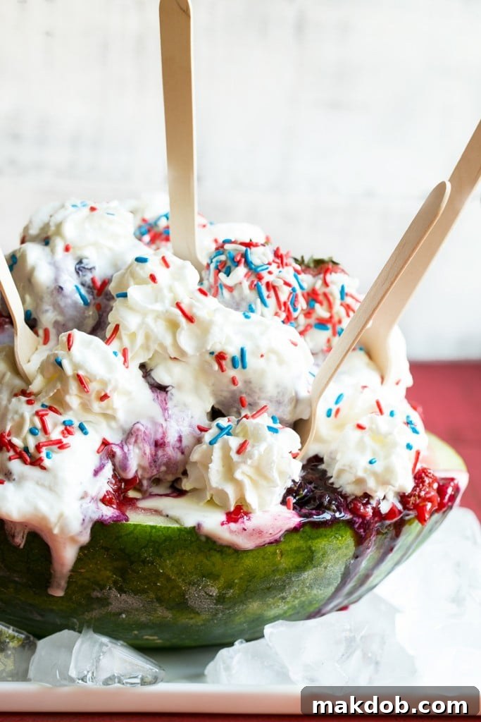 Watermelon sundae prepared and ready to serve, adorned with toppings