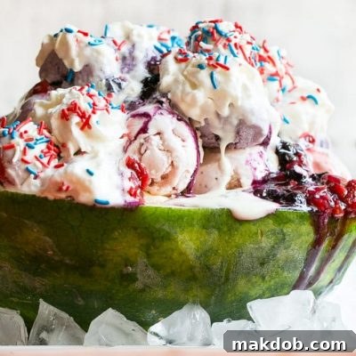 Red White and Blueberry Sundae in a watermelon bowl