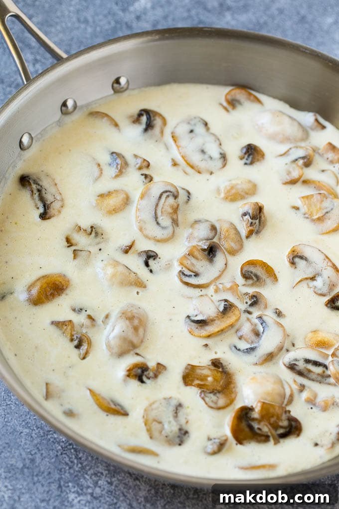 Mushroom Chicken Recipe | Chicken with Mushrooms | Chicken in Mushroom Sauce #chicken #mushrooms #bacon #dinner #dinneratthezoo Creamy mushroom sauce in a frying pan.