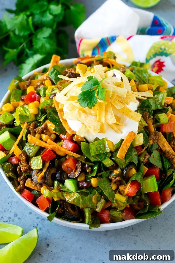 Taco Salad Recipe | Beef Taco Salad | Mexican Salad #salad #taco #beef #lunch #avocado #dinner #dinneratthezoo Taco salad made with ground beef, romaine lettuce and vegetables, topped with sour cream and tortilla strips.