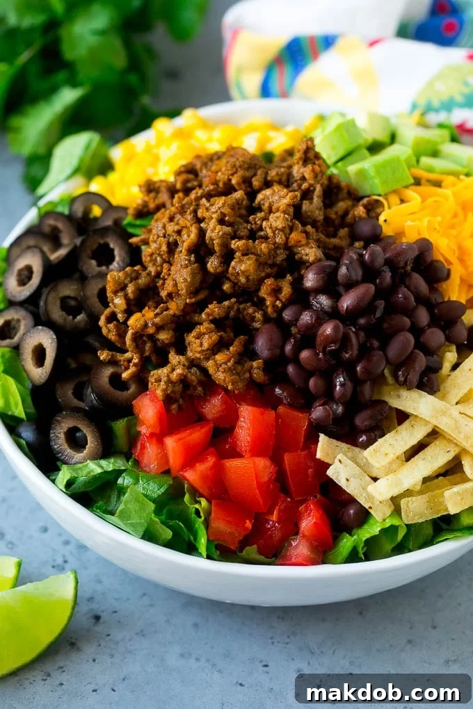Taco Salad Recipe | Beef Taco Salad | Mexican Salad #salad #taco #beef #lunch #avocado #dinner #dinneratthezoo Ground beef, tortilla strips, beans, tomatoes, olives, corn and avocado over lettuce.