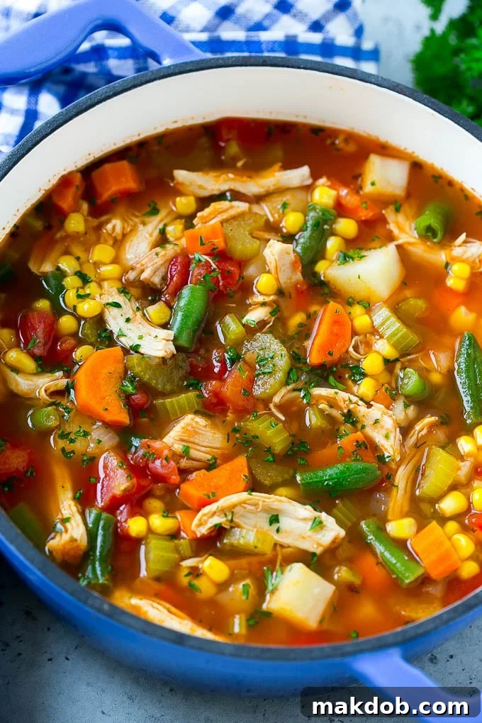 Chicken Vegetable Soup Recipe | Chicken Soup | Healthy Soup | Vegetable Soup #chicken #soup #vegetables #healthy #cleaneating #dinner #dinneratthezoo Chicken vegetable soup full of chicken, veggies and potatoes in tomato broth. A large bowl of comforting chicken vegetable soup with fresh parsley garnish.