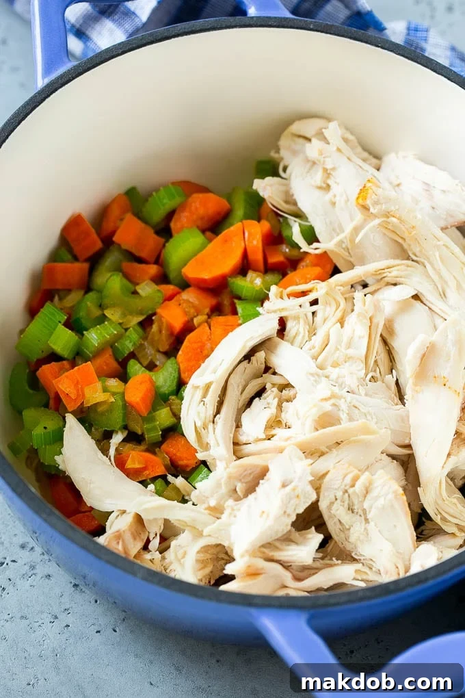 Chicken Vegetable Soup Recipe | Chicken Soup | Healthy Soup | Vegetable Soup #chicken #soup #vegetables #healthy #cleaneating #dinner #dinneratthezoo A soup pot full of sauteed vegetables and shredded chicken, ready for broth and other ingredients.