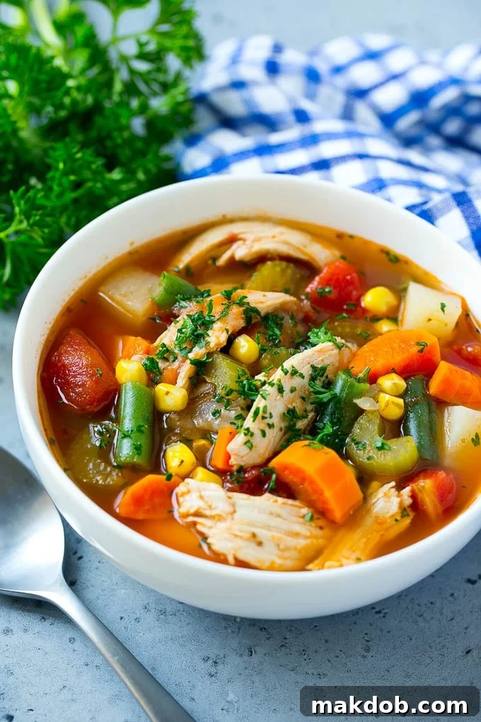 Chicken Vegetable Soup Recipe | Chicken Soup | Healthy Soup | Vegetable Soup #chicken #soup #vegetables #healthy #cleaneating #dinner #dinneratthezoo A bowl of chicken vegetable soup topped with fresh parsley, ready to be enjoyed.