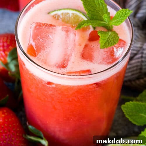 Luscious Strawberry Refresher 7 A glass of strawberry agua fresca garnished with mint and lime.