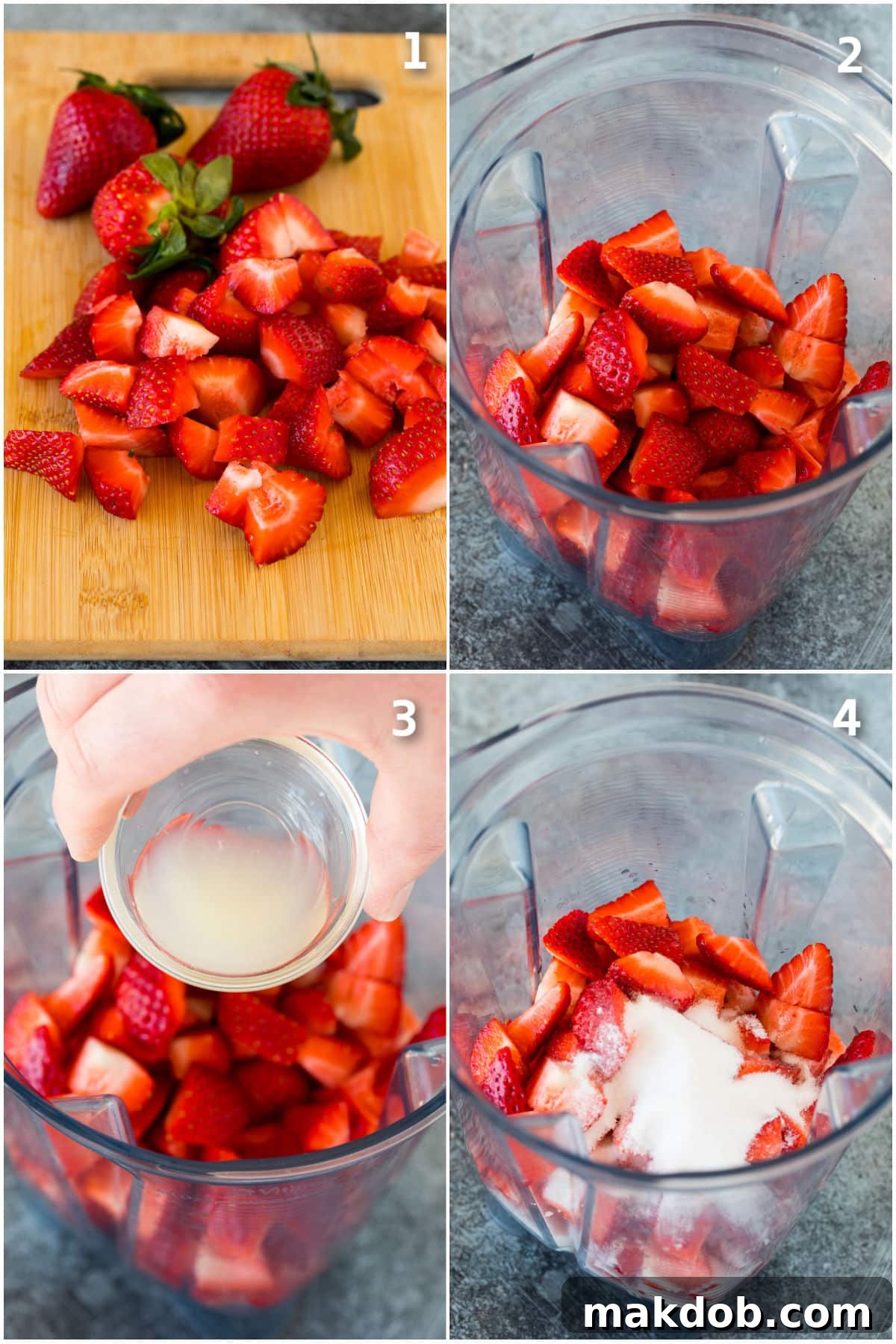 Luscious Strawberry Refresher 4 Strawberries mixed with sugar and a portion of water in a blender, ready to be pureed.