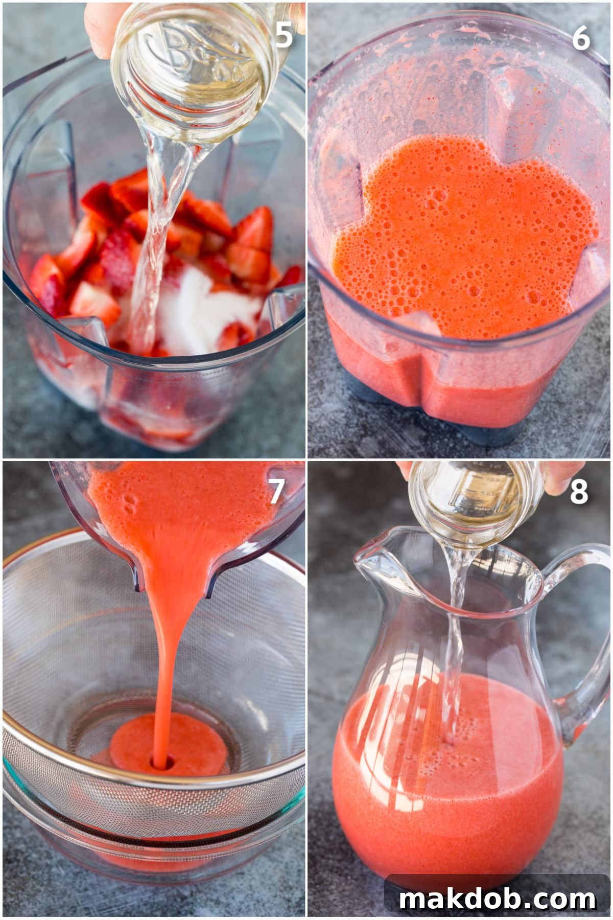 Luscious Strawberry Refresher 5 Strawberries blended into a puree, then poured through a sieve into a glass pitcher, illustrating the straining process.