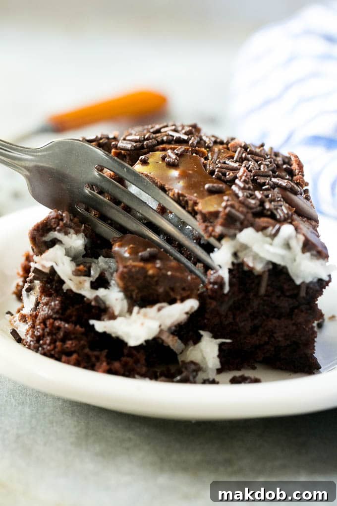 Decadent Chocolate Coconut Cake for Any Occasion A fork taking a delicious piece of chocolate coconut cake, showing the layers.