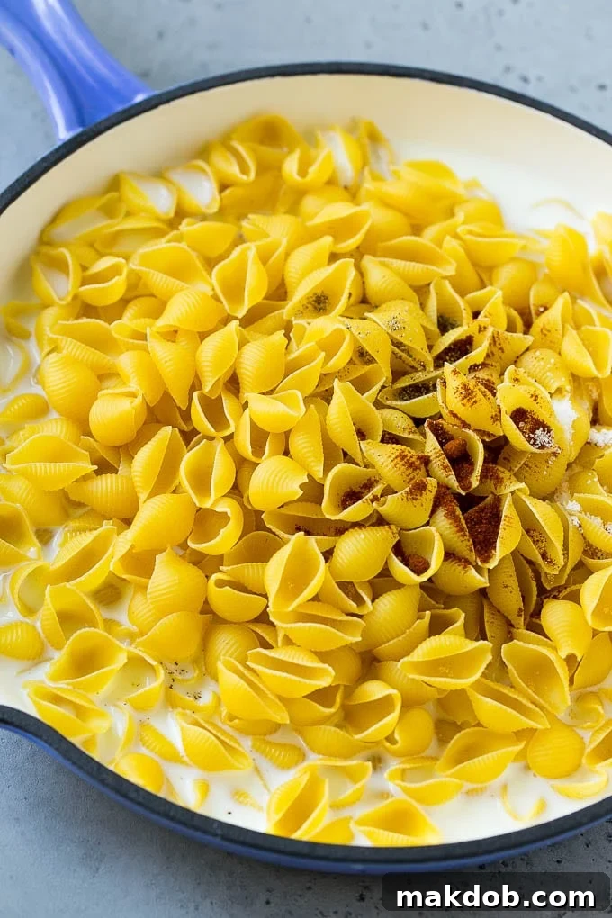 Shell pasta and spices in milk in a skillet.