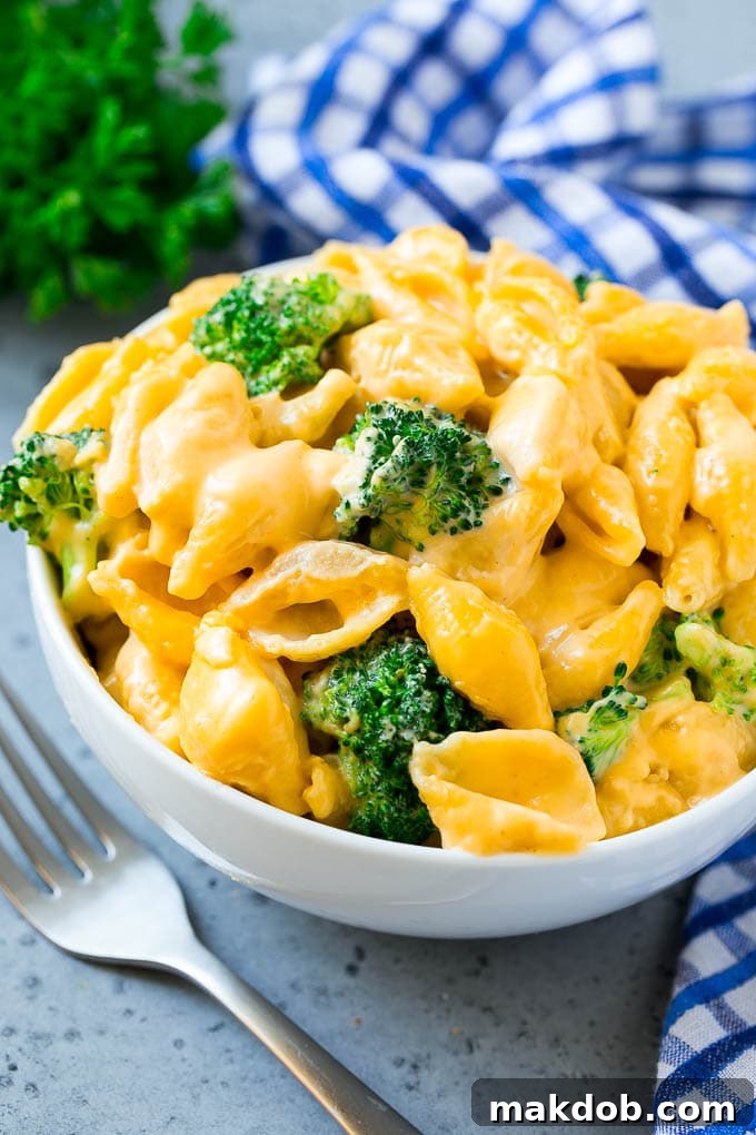 A bowl of broccoli mac and cheese with shell pasta, cheddar and broccoli florets.