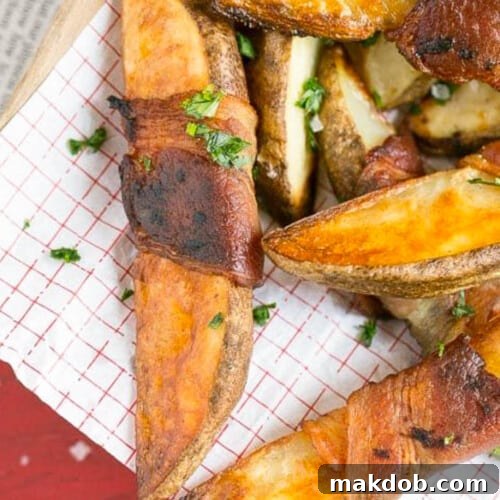 Bacon wrapped potatoes on a serving tray, topped with parsley.