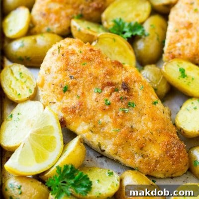 Tuscan Chicken 2 Italian chicken with a parmesan crust, along with roasted potatoes and parsley.