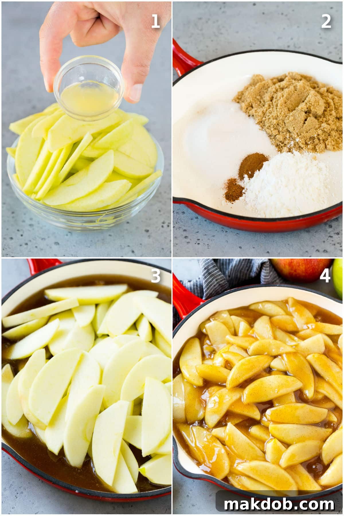 A step-by-step collage illustrating the process of making apple pie filling, from combining ingredients to simmering apples.