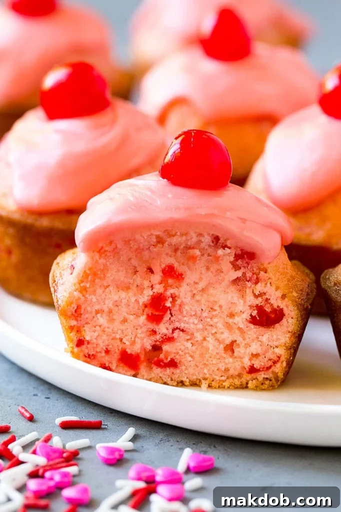 Cherry Muffins Recipe | Maraschino Cherry Muffins #cherries #cherry #muffins #baking #dessert #sweets #dinneratthezoo Cherry muffins studded with maraschino cherries and topped with pink glaze. A delightful homemade treat.