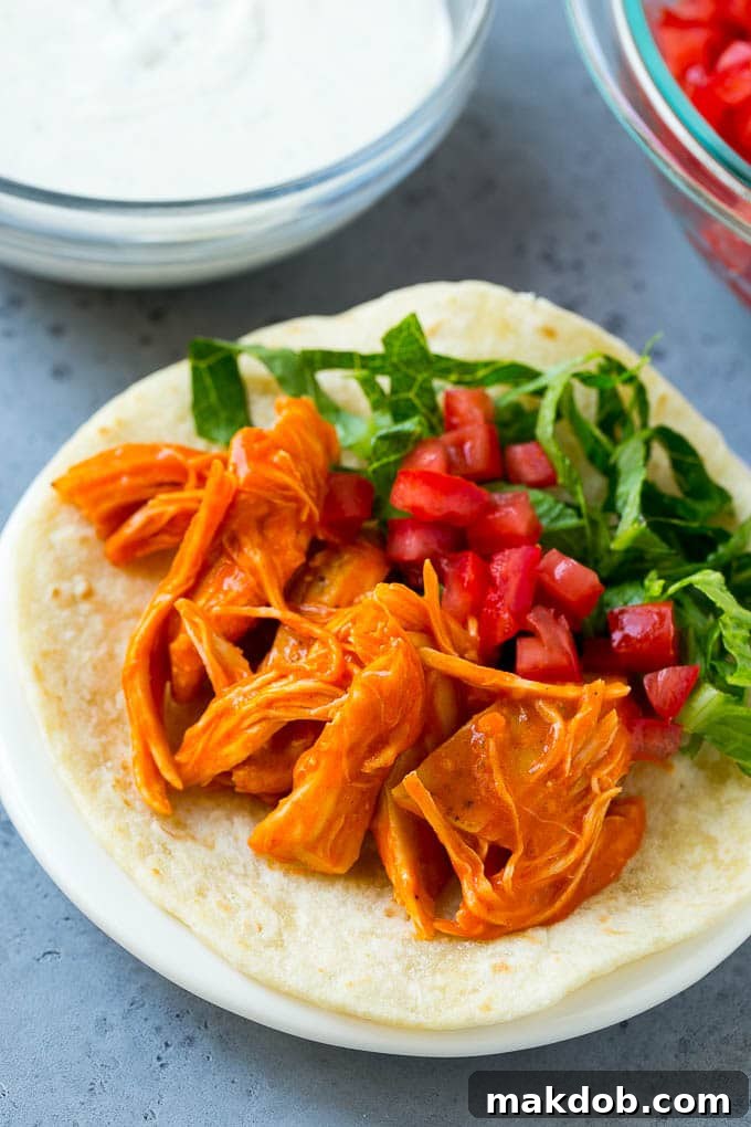 A soft flour tortilla filled with spicy buffalo chicken, shredded lettuce, and diced tomatoes, before adding the ranch dressing.