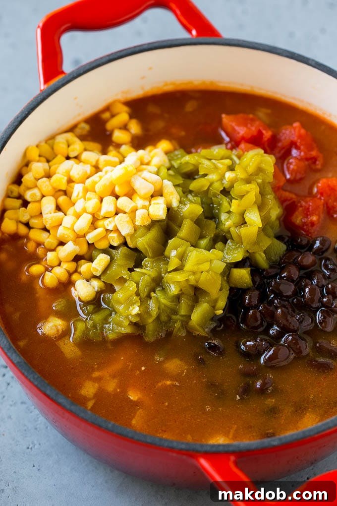 Chicken Enchilada Soup | Mexican Soup | Enchilada Soup #soup #chicken #chickensoup #beans #corn #dinner #dinneratthezoo A large soup pot filled with a rich mixture of shredded chicken, vibrant diced tomatoes, hearty black beans, sweet corn, and a savory broth, simmering gently on the stovetop.