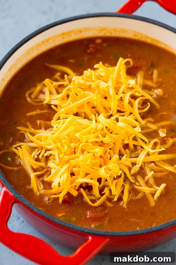 Chicken enchilada soup with cheddar cheese on top.