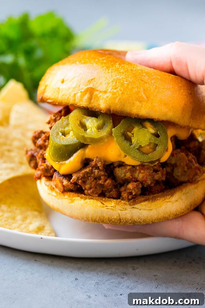 Nacho Sloppy Joes Recipe | Ground Beef Recipe | Easy Sloppy Joes #beef #nachos #cheese #spicy #sandwich #dinner #dinneratthezoo A nacho sloppy joe being held by a hand.