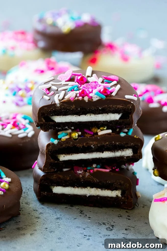 Three chocolate covered Oreos, decorated with festive sprinkles, stacked on top of each other.