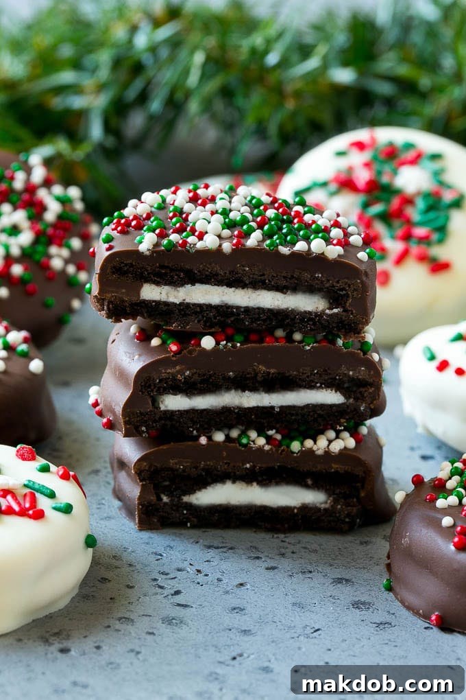 A beautifully arranged stack of chocolate covered Oreos, ready to be enjoyed or gifted.