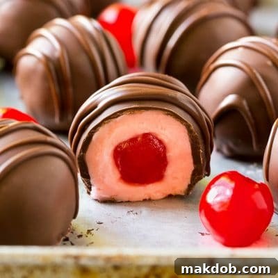 Chocolate Cherry Bliss 2 Chocolate covered cherries dipped in dark chocolate with a decorative drizzle.