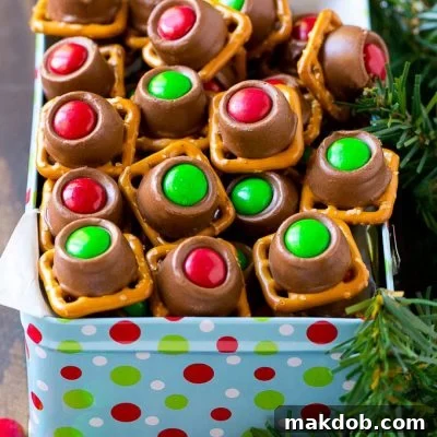Rolo Caramel Pretzel Bites 2 A gift tin full of Christmas colored Rolo pretzels.