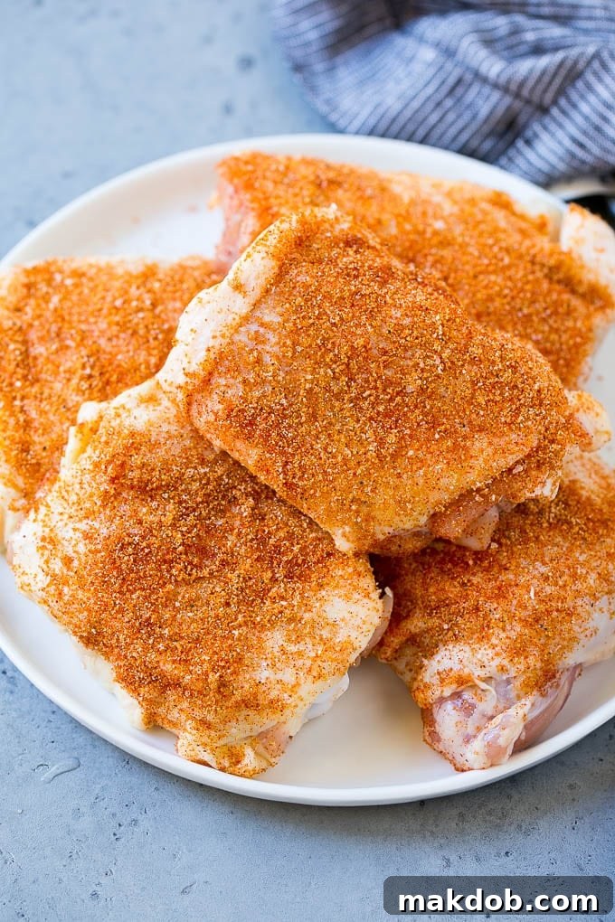 Juicy Smoked Chicken Thighs 3 Poultry coated in a BBQ spice rub, ready for the smoker.