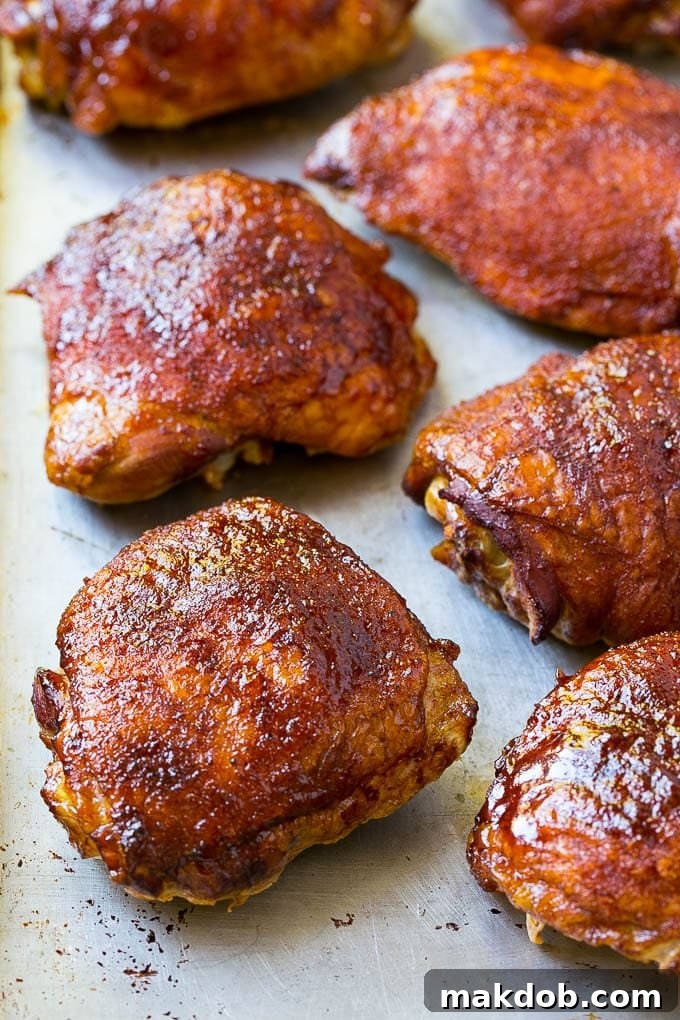 Juicy Smoked Chicken Thighs 4 Cooked poultry on a sheet pan, fresh out of the smoker.