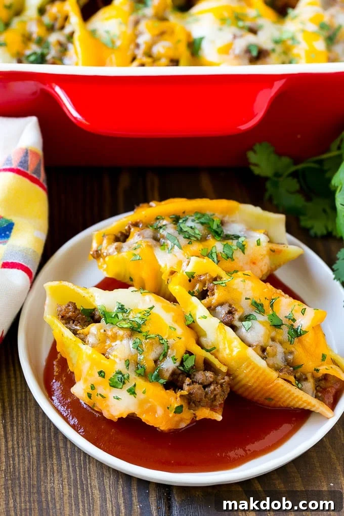Mexican Stuffed Shells Recipe | Stuffed Shells | Mexican Pasta #dinner #pasta #mexican #beef #noodles #cheese #dinneratthezoo Mexican stuffed shells on a serving plate.
