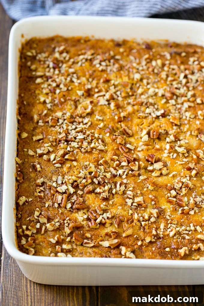 A beautifully baked pumpkin dump cake, its golden-brown topping generously sprinkled with chopped pecans, cooling in its pan.