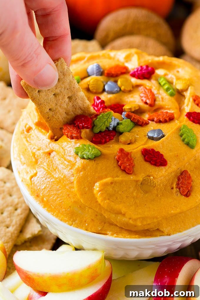 A bowl of pumpkin dip with a graham cracker scooping some out, surrounded by various dippers and garnishes.