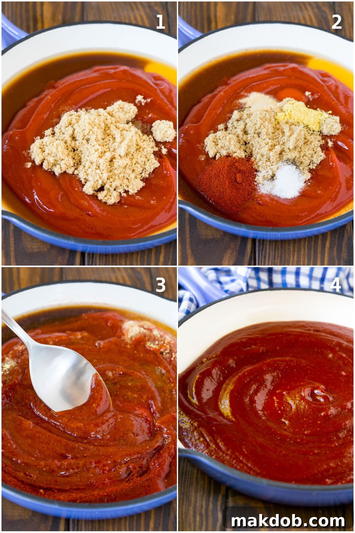 Signature Backyard BBQ Sauce 4 A step-by-step visual collage illustrating the process of preparing homemade barbecue sauce, from combining ingredients to simmering.