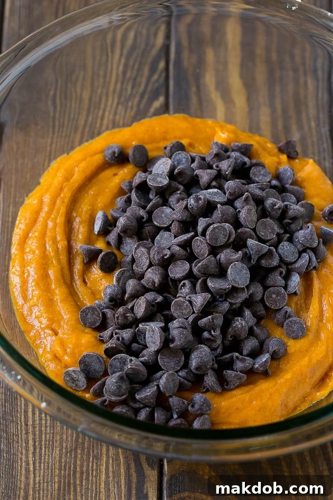 Pumpkin muffin batter with scattered chocolate chips in a large mixing bowl, ready to be folded.