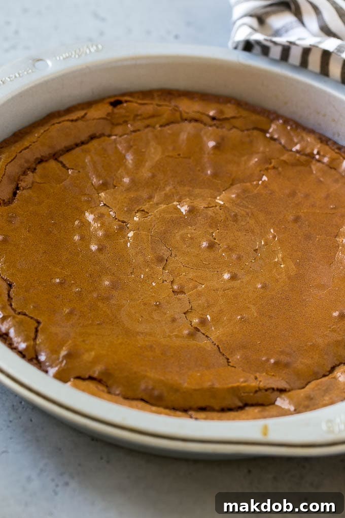 A baked brownie in a round pan.
