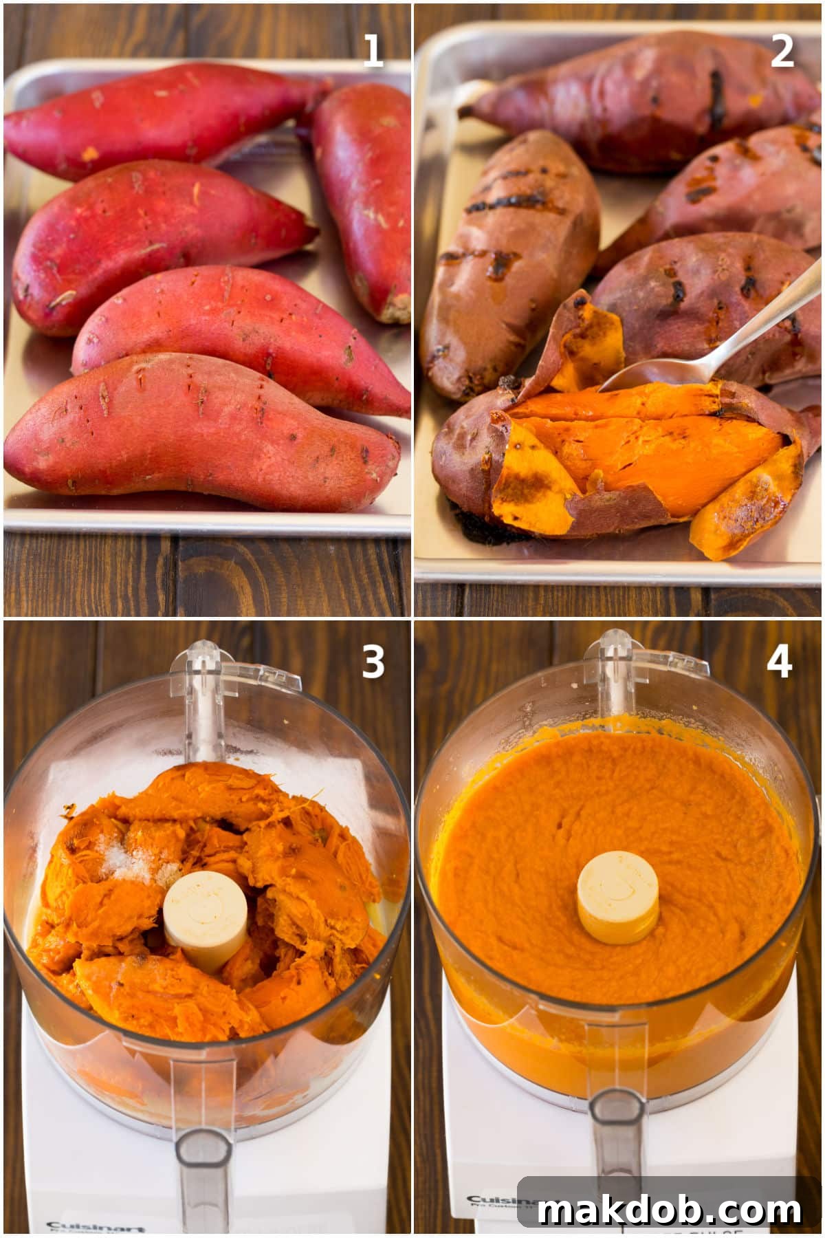 Step-by-step shots demonstrating the process of cooking and pureeing sweet potatoes for a smooth mash.