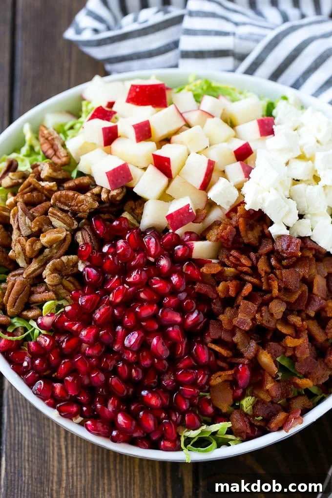 Shredded brussels sprouts topped with pomegranate seeds, bacon, feta cheese and apples.