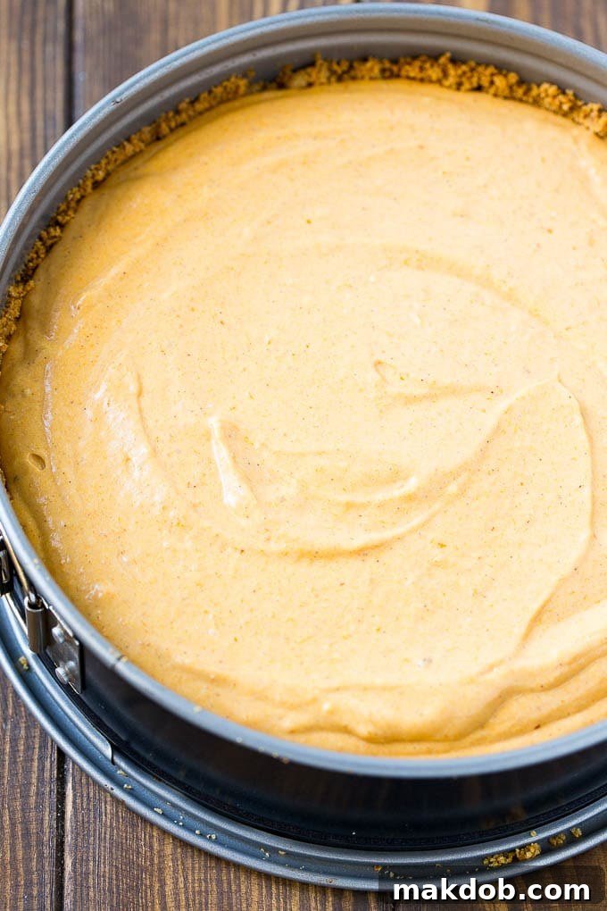Pouring Pumpkin Cheesecake Filling into Crust The creamy, orange-hued pumpkin cheesecake batter being smoothly poured into the pre-baked graham cracker crust inside a springform pan.