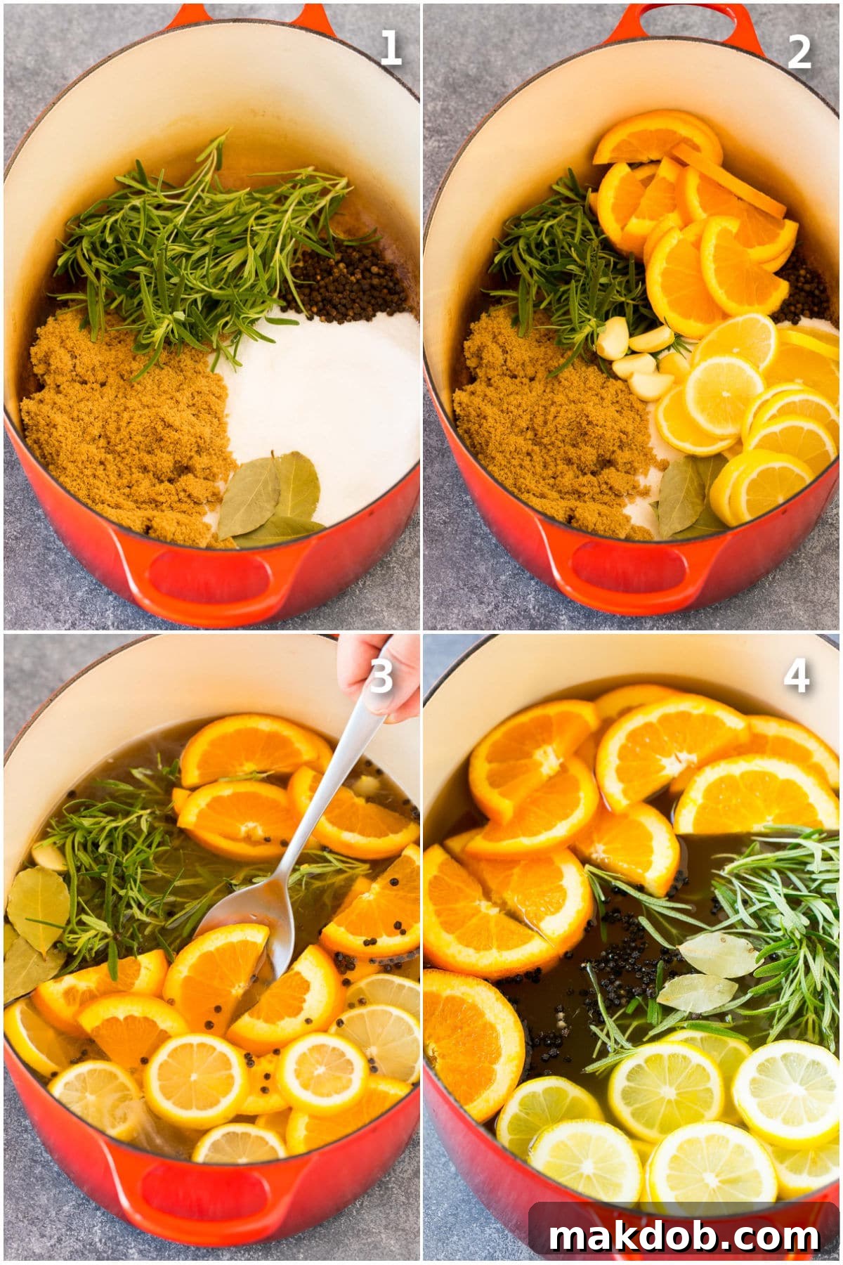 A collage of step-by-step images illustrating the process of preparing turkey brine, from combining ingredients to submerging the turkey.