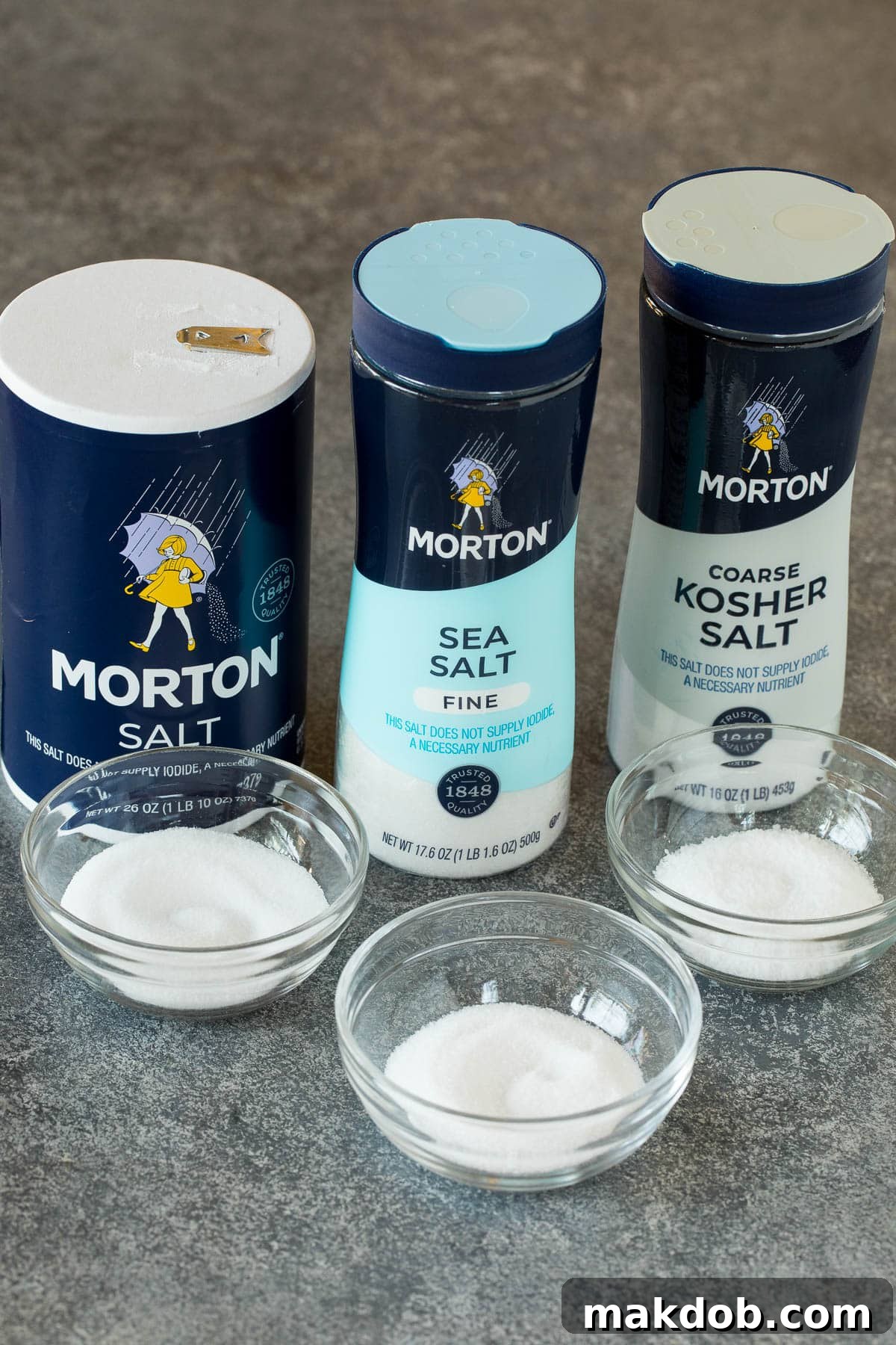 An array of different types of salt, including coarse kosher salt, fine table salt, and various sea salts, displayed in small bowls.