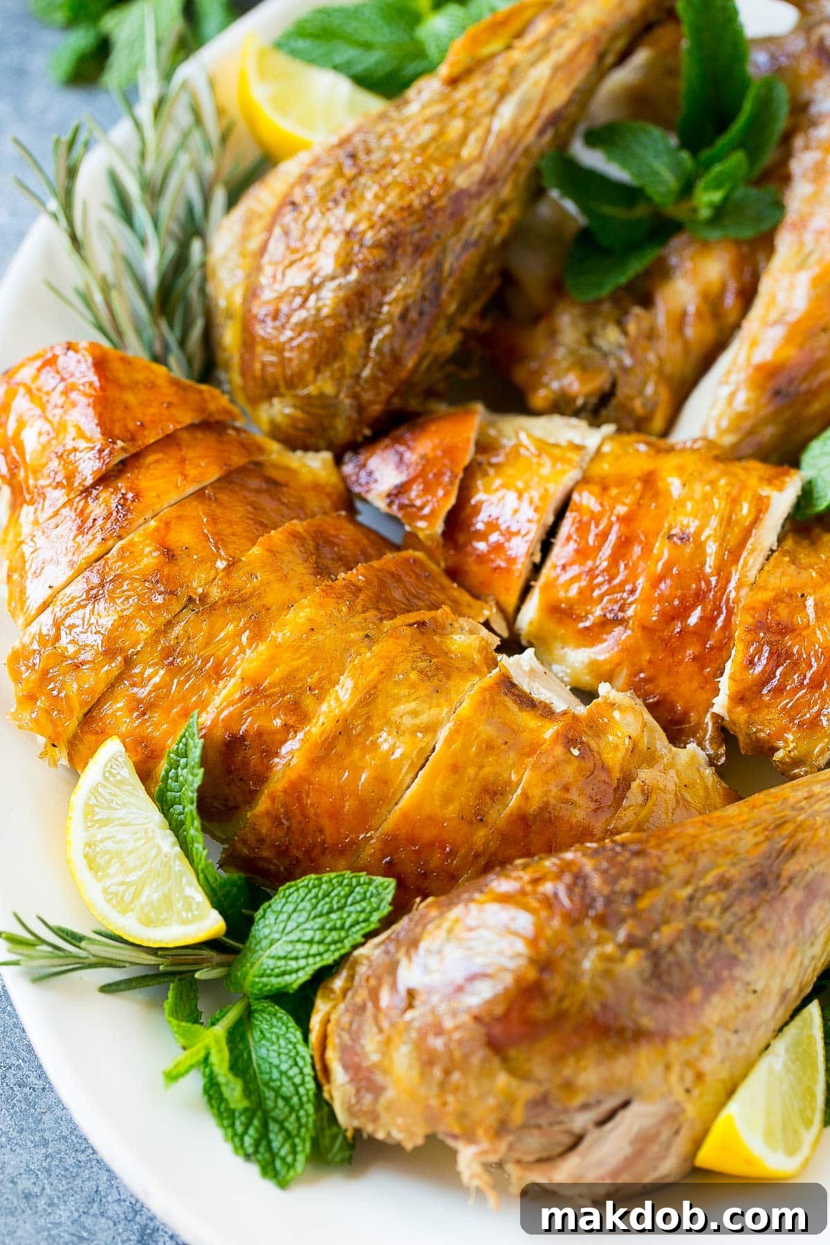 Tender, juicy slices of roasted turkey arranged on a serving platter, garnished with fresh herbs.