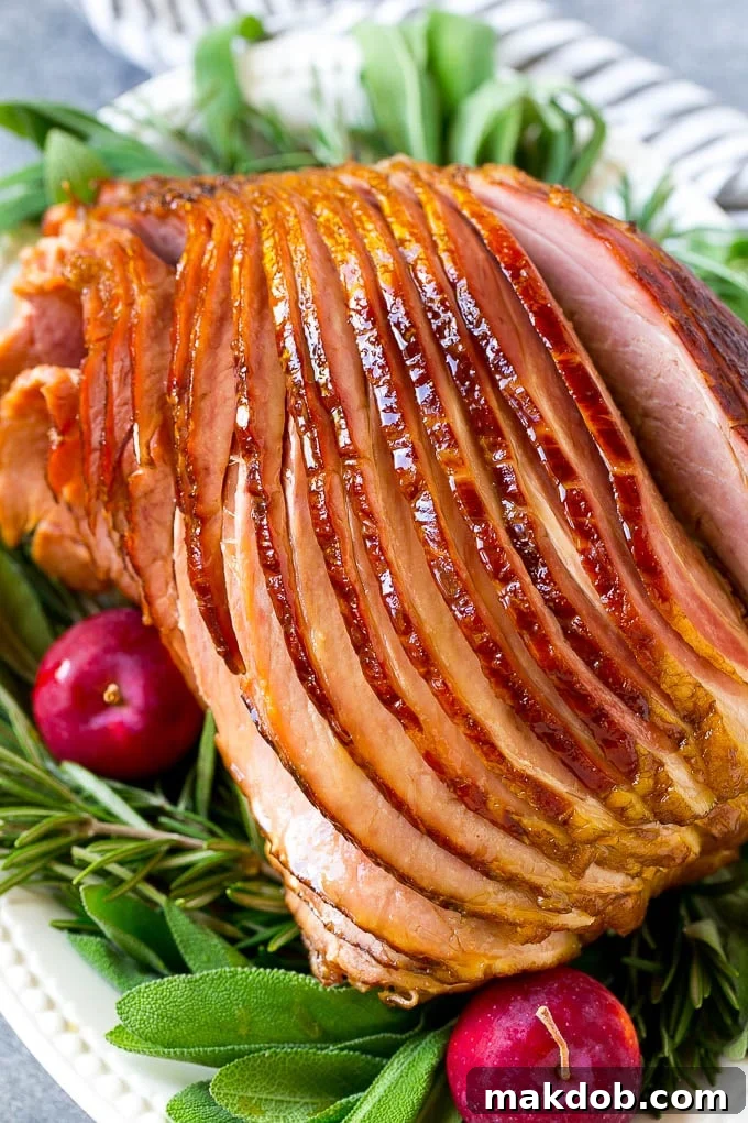 A crock pot ham on a serving plate with herbs and apples for garnish.