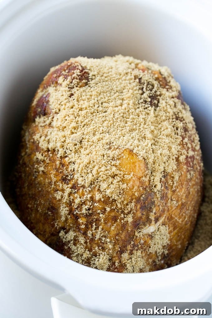 A ham in a crock pot coated with brown sugar.