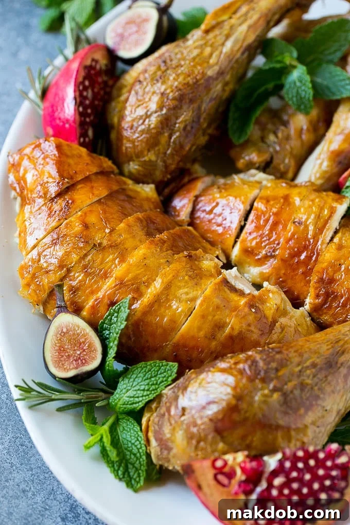 Generously sliced roast turkey presented on a serving platter, adorned with fresh rosemary, vibrant pomegranate seeds, and figs.