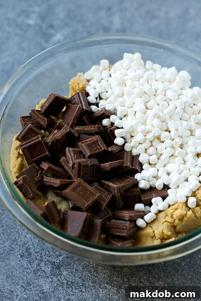 Graham cracker cookie dough with marshmallow bits and milk chocolate, ready to be baked.