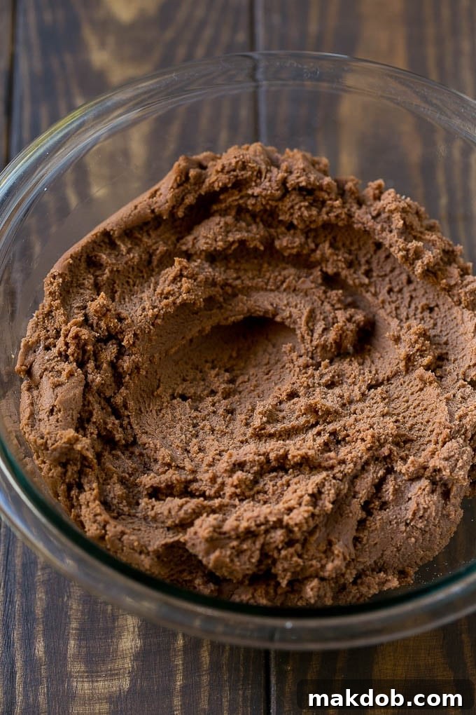 Chocolate spritz cookie dough in a mixing bowl, perfectly prepared for pressing.