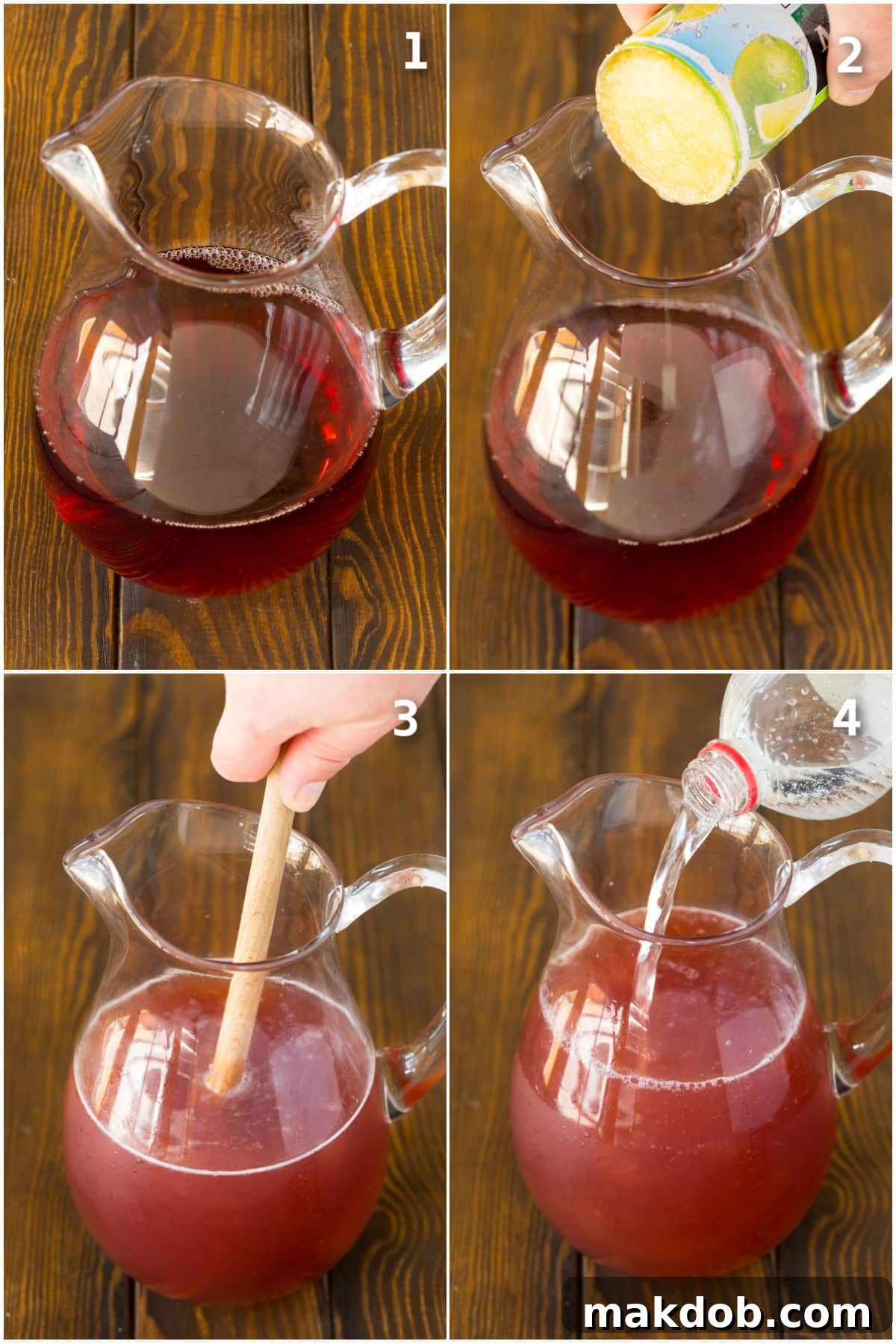 Holiday Glow Punch 4 Step-by-step photos illustrating the process of mixing ingredients to make Christmas punch.