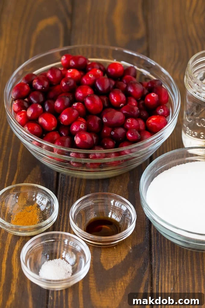 All you need for this delicious homemade cranberry sauce are fresh cranberries, sugar, water, salt, cinnamon, and vanilla extract – simple ingredients for spectacular flavor. Individual bowls containing the key ingredients for homemade cranberry sauce: fresh cranberries, granulated sugar, and various aromatic spices including cinnamon and vanilla.