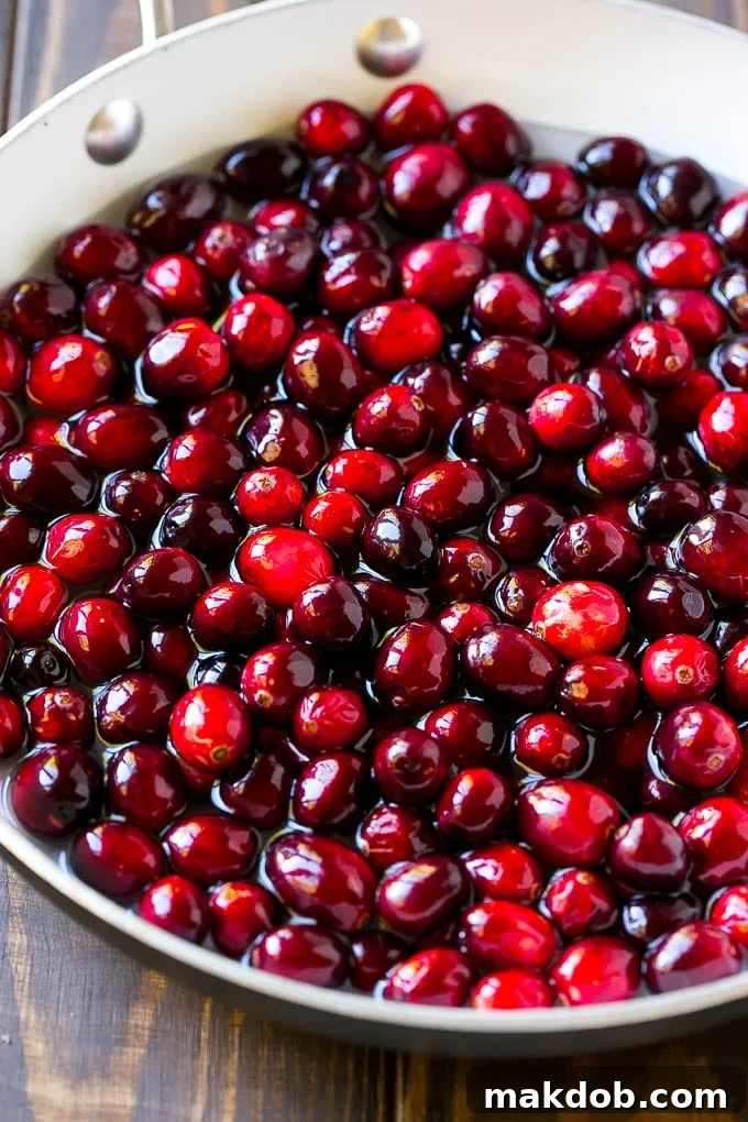 A glimpse into the easy process of making homemade cranberry sauce, with vibrant cranberries bubbling gently in a skillet. Fresh cranberries, sugar, and water simmering together in a stainless steel skillet, showcasing the initial stages of making homemade cranberry sauce.