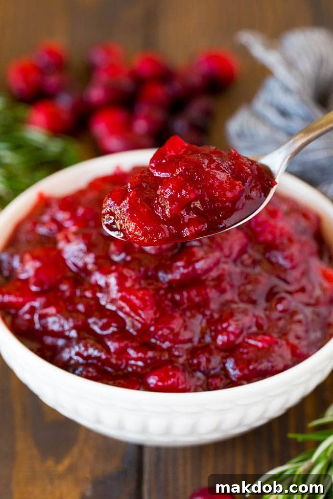A spoonful of homemade cranberry sauce, revealing its delicious texture and rich red color – an essential addition to any meal. A serving spoon lifting a generous portion of freshly made homemade cranberry sauce, showcasing its chunky texture and glistening appearance.