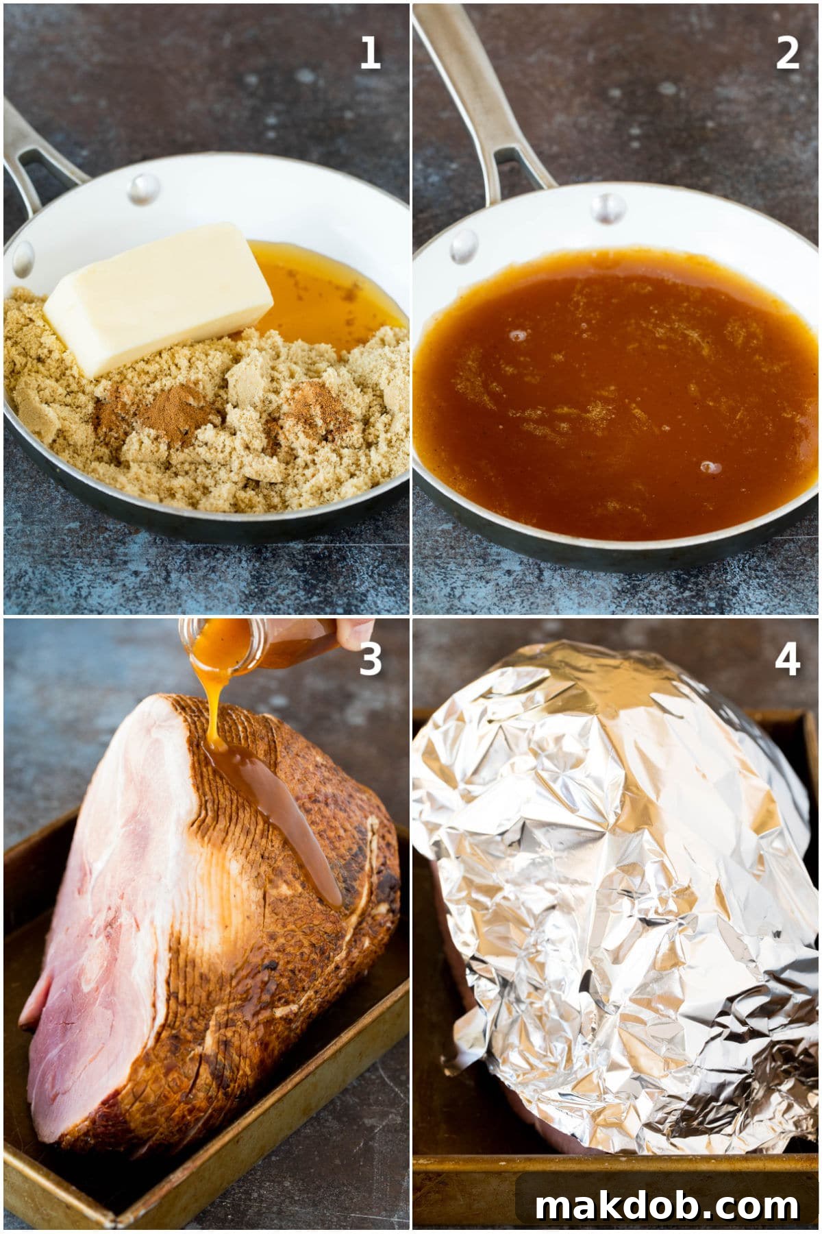 A collage of process shots illustrating how to prepare the glaze and expertly apply it to the ham before baking.